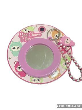 Pink Round Bag Charm Mirror with Beaded Strap
